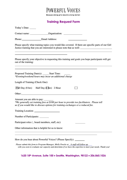 Training Request Form - Powerful Voices Printable pdf