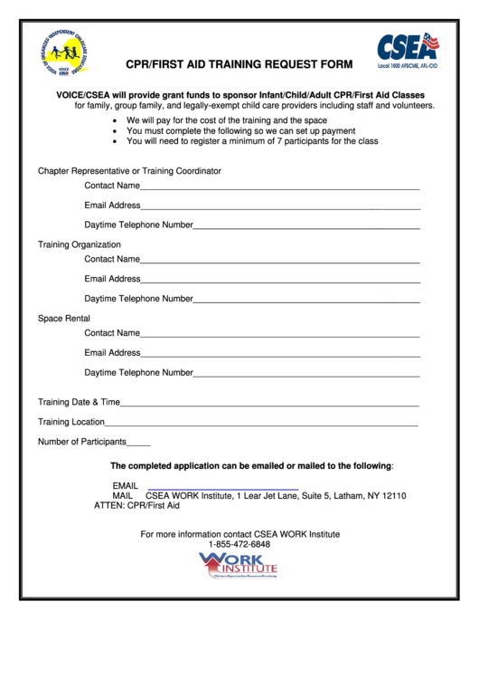 Cpr First Aid Training Request Form - Voice Printable pdf