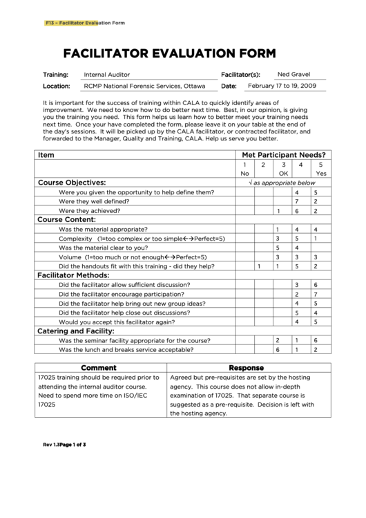 Facilitator Evaluation Form Printable pdf