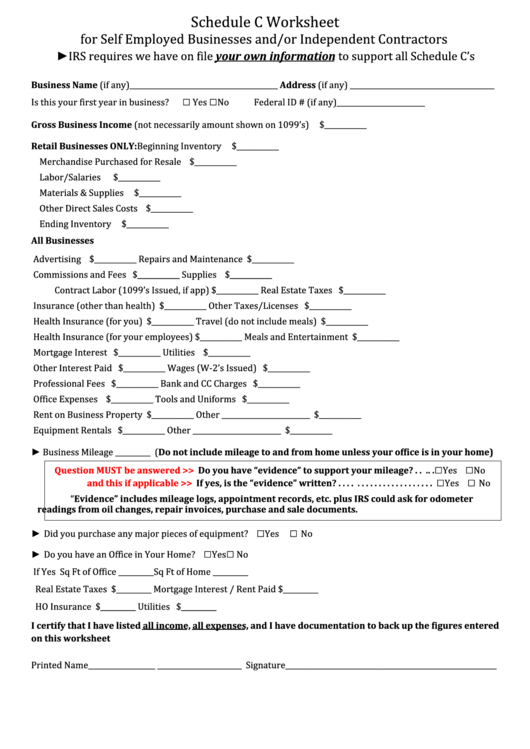 Schedule C Worksheet For Self Employed Businesses Printable pdf