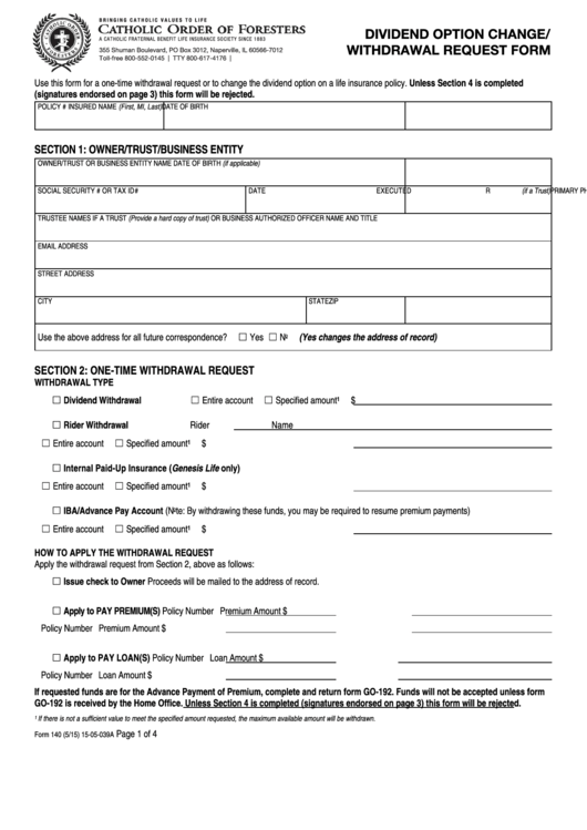 Fillable Form 140 Dividend Option Change Catholic Order Of Foresters Printable pdf