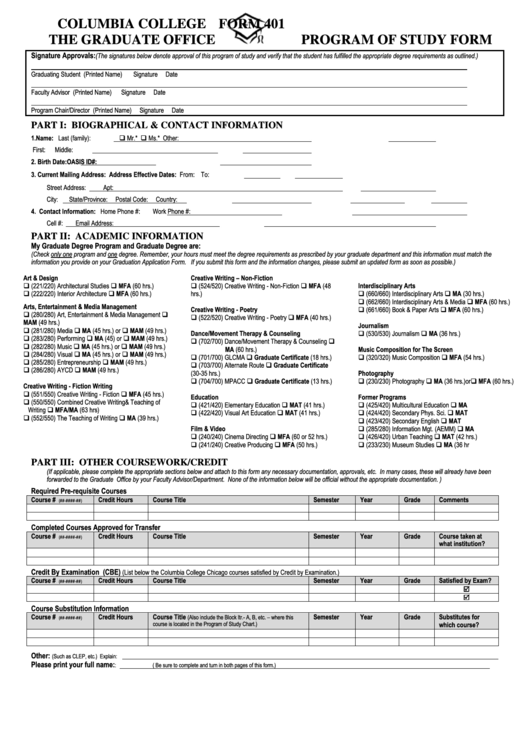 Columbia College The Graduate Office Form 401 Program Of Study Printable pdf