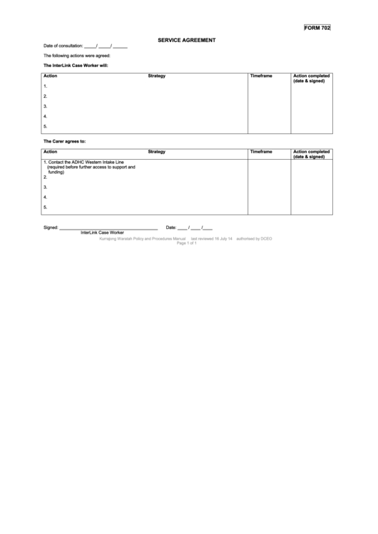 Form 702 - Service Agreement Printable pdf