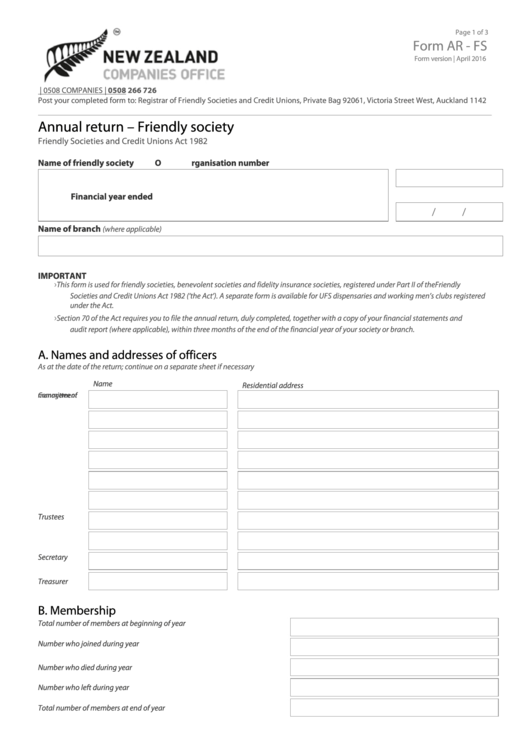 Fillable Form Ar-Fs - Annual Return - Friendly Society Printable pdf