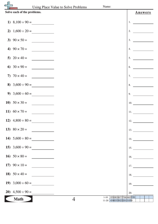Using Place Value To Solve Problems Worksheet With Answer Key Printable pdf