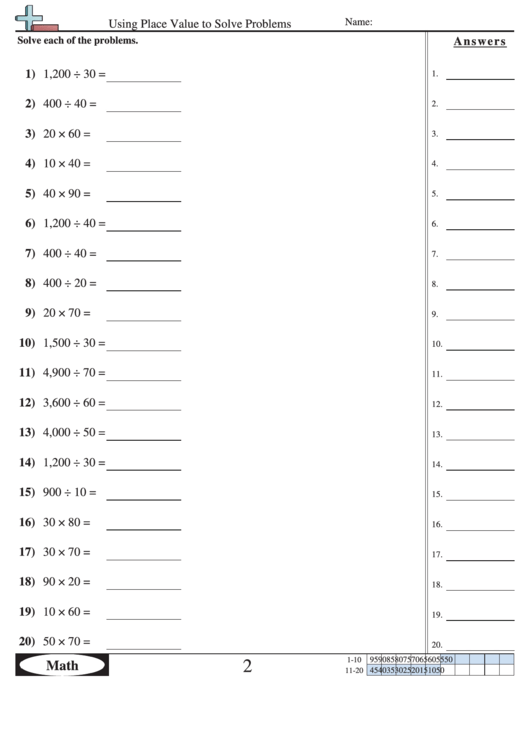 Using Place Value To Solve Problems Worksheet With Answer Key Printable pdf