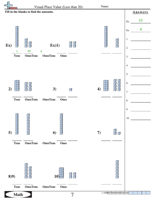 visual place value less than 20 worksheet with answer key printable