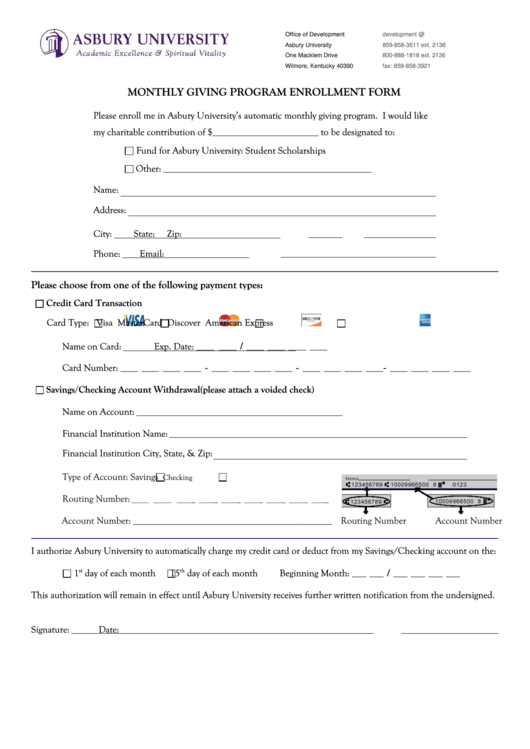 Asbury University Monthly Giving Program Enrollment Form Printable pdf