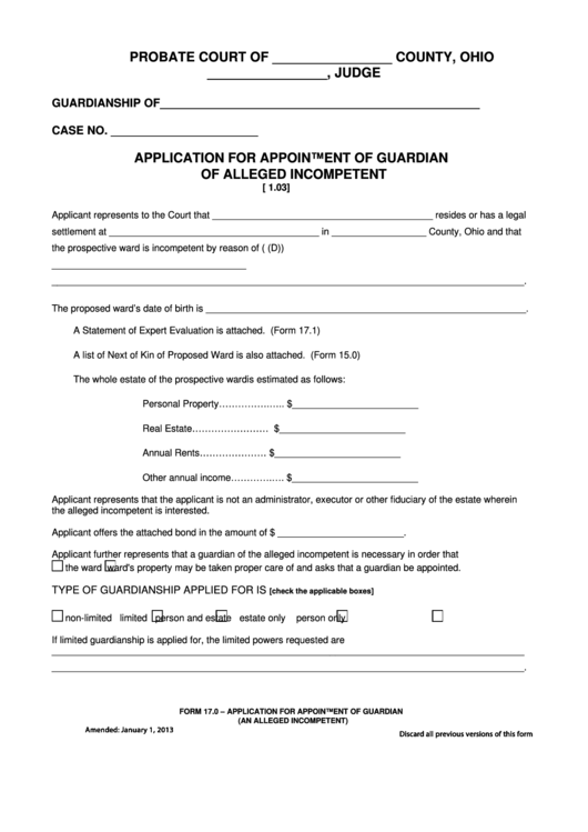 Fillable Form 17.0 - Application For Appointment Of Guardian An Alleged Incompetent Printable pdf