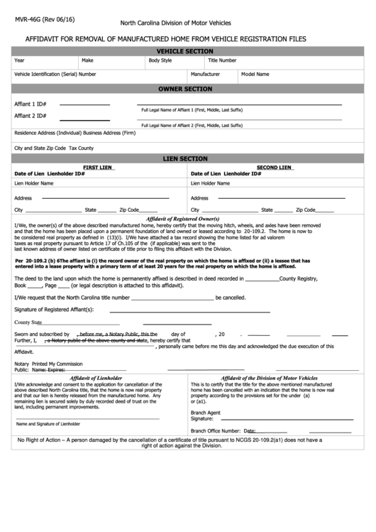 Fillable Form Mvr-46g - Affidavit For Removal Of Manufactured Home From Vehicle Registration Files Printable pdf
