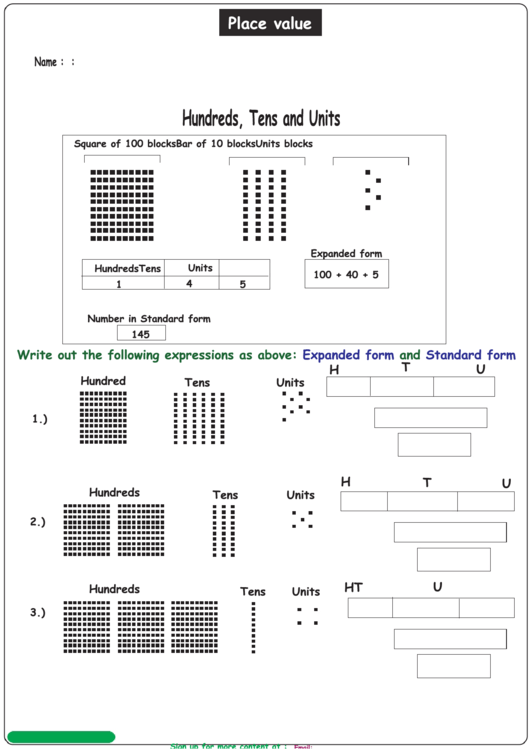 Place Value Hundreds Tens And Units Worksheet Printable pdf