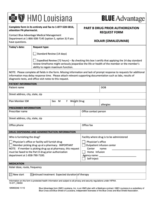 Hmo Part B Drug Prior Authorization Request Form Printable pdf