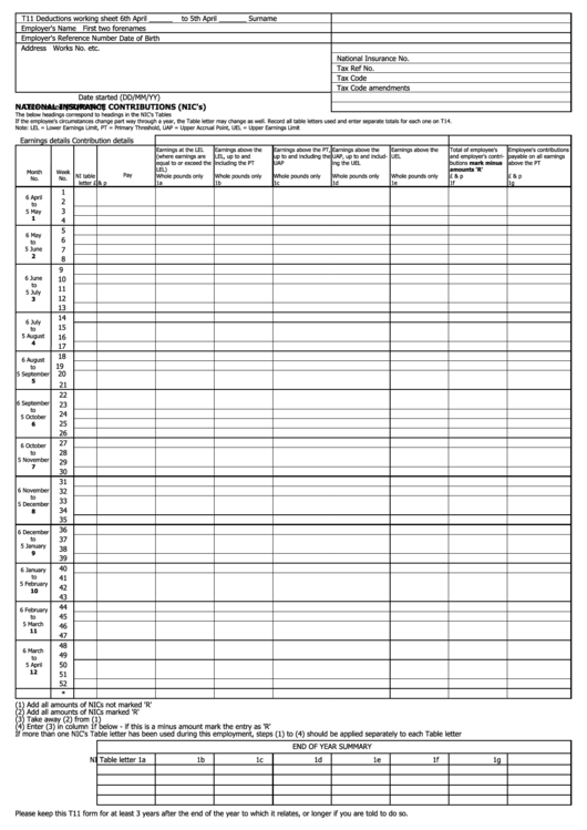 Deductions Working Sheet - Paper Size A3