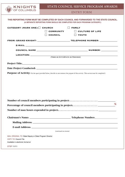 Fillable State Council Service Program Awards Entry Form Printable pdf