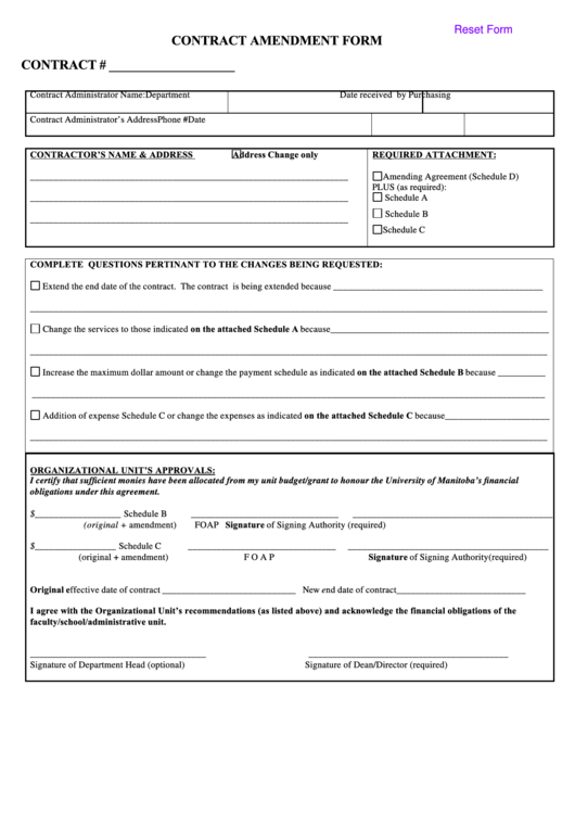 Fillable Contract Amendment Form Printable pdf