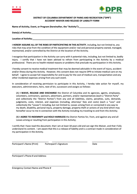 Dpr Accident Waiver And Release Of Liability Form Printable pdf