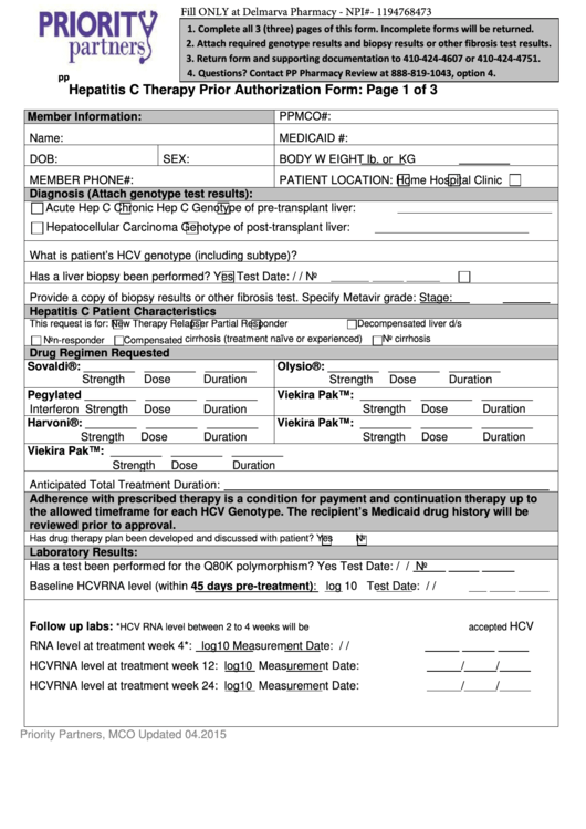 Fillable Hepatitis C Therapy Prior Authorization Form Printable pdf