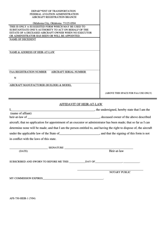 Fillable Affidavit Of Heir-At-Law Printable pdf