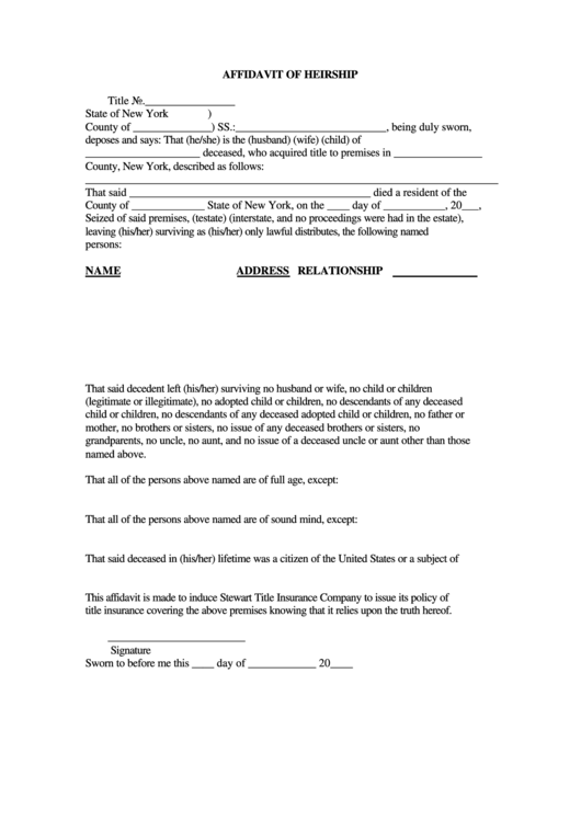 Fillable Affidavit Of Heirship Printable pdf