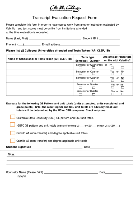 Cabrillo College Transcript Evaluation Request Form Printable pdf