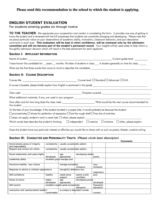 English Student Evaluation For Students Entering Grades Six Through Twelve Printable pdf
