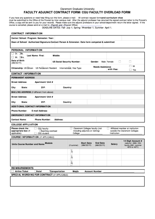 Fillable Faculty Adjunct Contract Form/cgu Faculty Overload Form Printable pdf