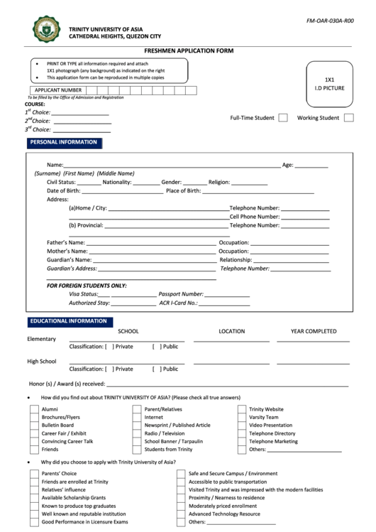 Trinity University Of Asia Freshmen Application Form Printable pdf