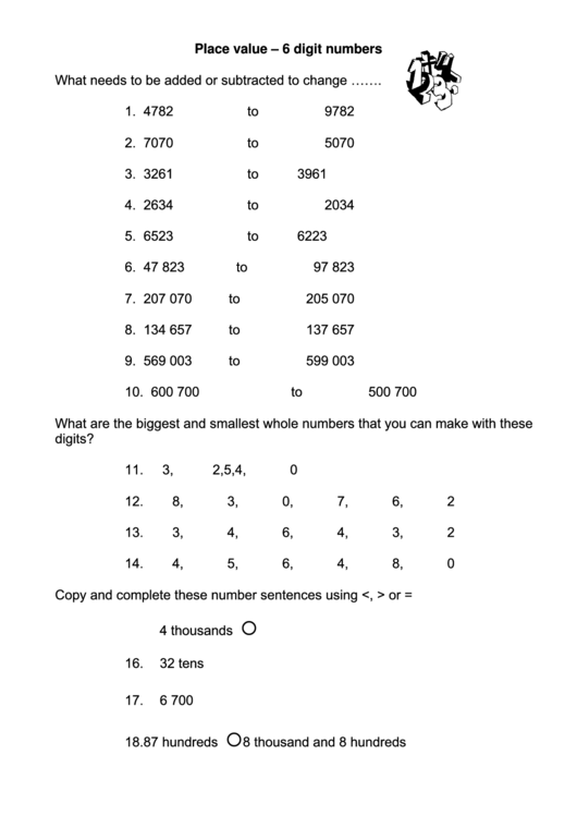 Place Value Worksheet - 6-Digit Numbers Printable pdf