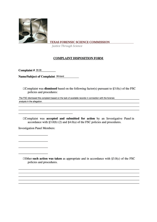 Fillable Complaint Disposition Form Printable pdf