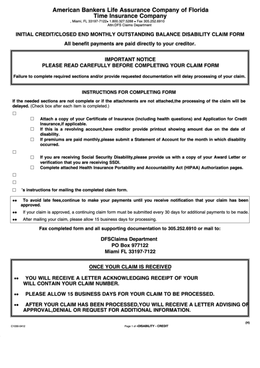 Fillable Initial Credit/closed End Monthly Outstanding Balance Disability Claim Form Printable pdf