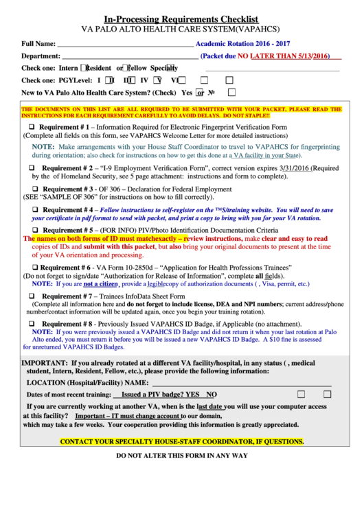 Stanford Vapahcs Requirements Checklist