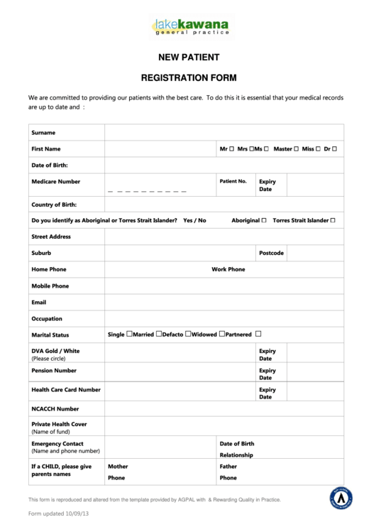 2013 New Patient Registration Form Printable pdf