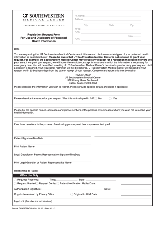 Restriction Request Form For Use And Disclosure Of Protected Information Printable pdf