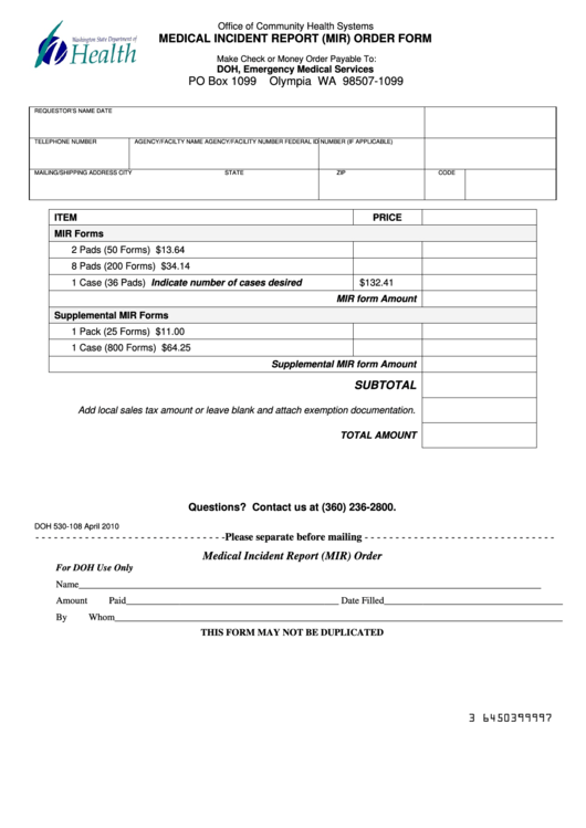 Medical Incident Report Mir Order Form Printable pdf