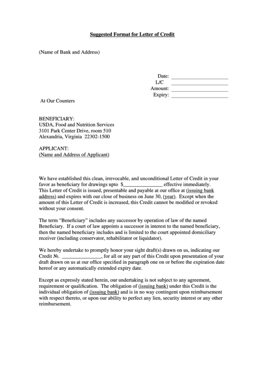 Suggested Format For Letter Of Credit Printable pdf