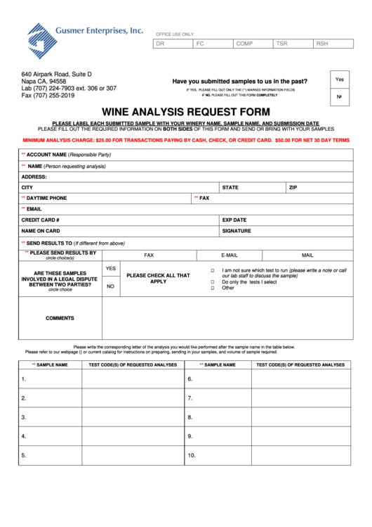 Wine Analysis Request Form Printable pdf