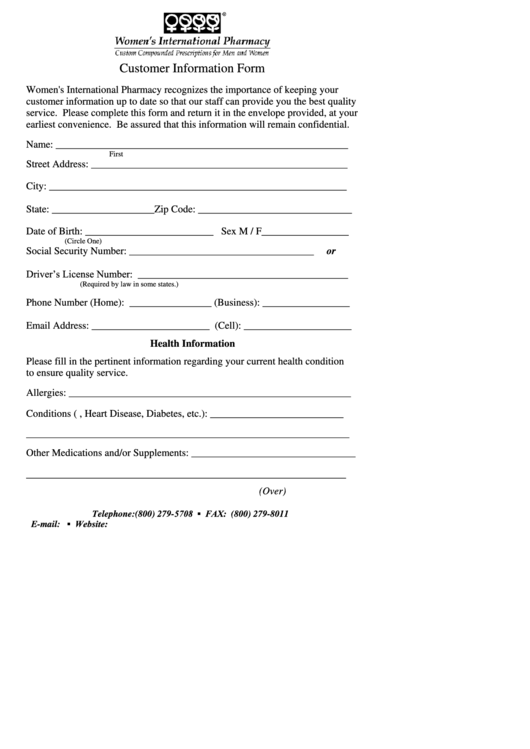 Customer Information Form - Womens International Pharmacy Printable pdf