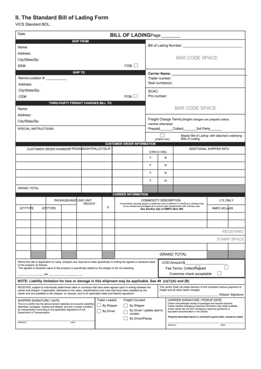 The Standard Bill Of Lading Form Printable pdf