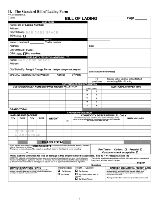 Standard Bill Of Lading Form Printable pdf