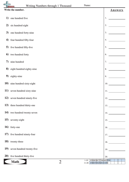 Writing Numbers Through 1 Thousand Worksheet With Answer Key Printable pdf