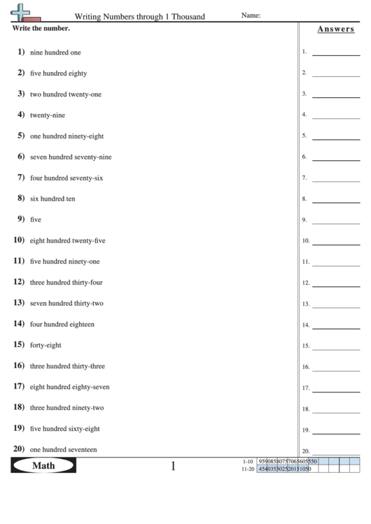 1 Writing Numbers Through 1 Thousand Worksheet With Answer Key Printable pdf