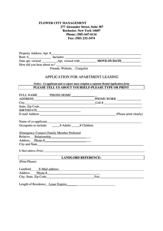 Application For Apartment Leasing Printable pdf