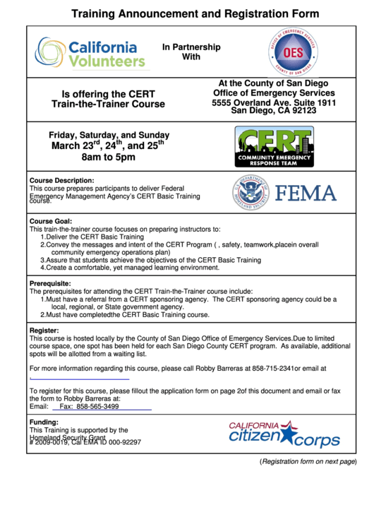 Training Announcement And Registration Form - California Volunteers Printable pdf