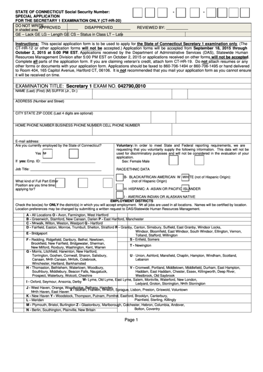 Fillable State Of Connecticut Special Application For Secretary 1 Examination Only Printable pdf
