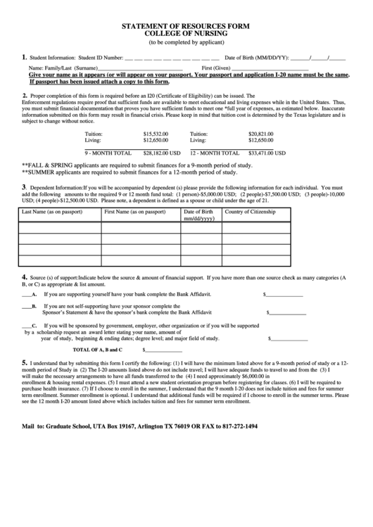 Statement Of Resources Form - The University Of Texas At Arlington Printable pdf