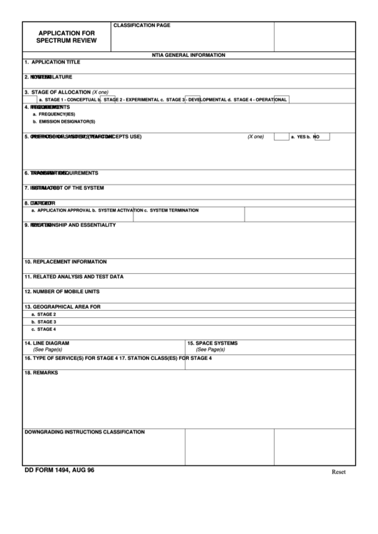 Fillable Dd Form 1494 - Application For Spectrum Review Printable pdf