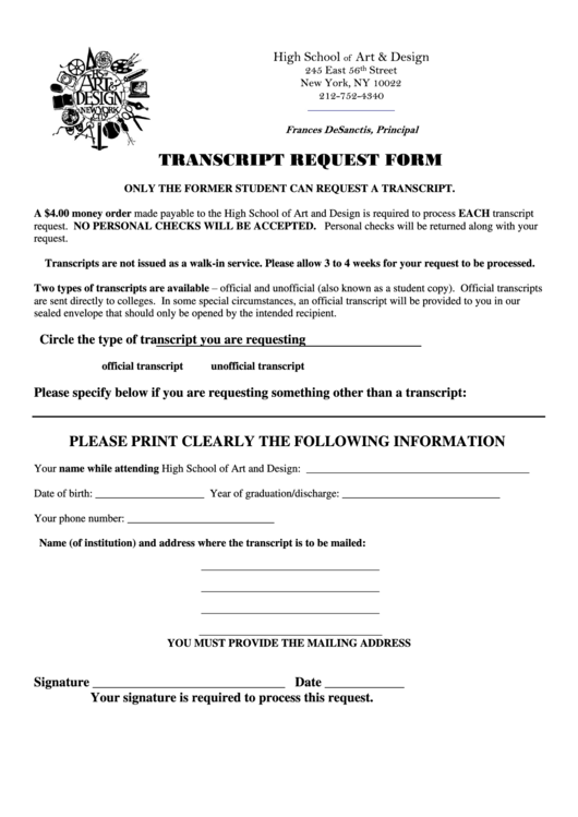 Transcript Request Form - High School Of Art And Design Printable pdf