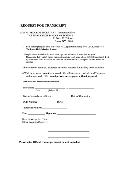 Request For Transcript - The Bronx High School Of Science Printable pdf