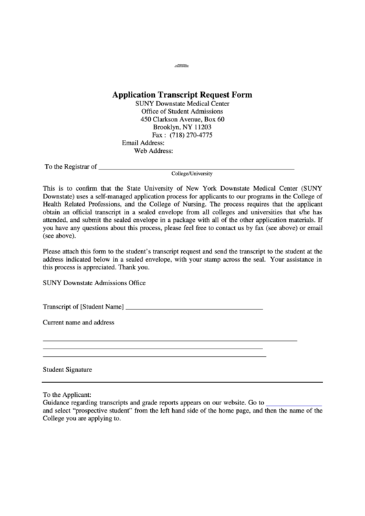 Application Transcript Request Form - Suny Downstate Medical Center Printable pdf