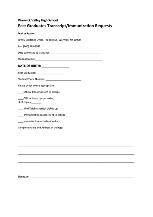 Past Graduate Transcript Immunization Request Form Printable pdf
